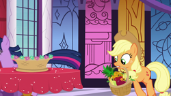 Size: 1920x1080 | Tagged: safe, derpibooru import, screencap, applejack, twilight sparkle, twilight sparkle (alicorn), alicorn, earth pony, pony, between dark and dawn, apple, banana, basket, food, mouth hold, orange, pineapple