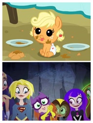 Size: 3106x4096 | Tagged: safe, edit, screencap, applejack, earth pony, pony, apple family reunion, baby, baby pony, babyjack, batgirl, bumblebee, dc superhero girls, diaper, foal, green lantern, safety pin, supergirl, wonder woman, younger, zatanna