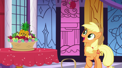 Size: 1920x1080 | Tagged: safe, derpibooru import, screencap, applejack, earth pony, pony, between dark and dawn, apple, banana, basket, food, orange, pineapple, solo