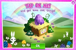 Size: 1156x766 | Tagged: safe, angel bunny, rabbit, advertisement, dragon egg, easter, egg, gameloft, holiday, magic coins, official, spike's egg