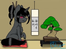 Size: 900x675 | Tagged: safe, artist:jynx6661, oc, oc:ebony darkness, unicorn, bonsai tree, cute, female, filly