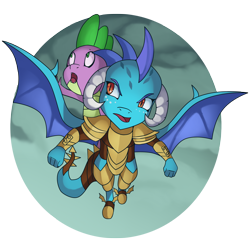 Size: 3600x3600 | Tagged: safe, artist:kenisu-of-dragons, princess ember, spike, dragon, gauntlet of fire, armor, baby, baby dragon, dragon armor, dragoness, dragons riding dragons, duo, female, flying, looking up, male, riding, scene interpretation, simple background, spread wings, teamwork, teamwork is magic, transparent background, wings