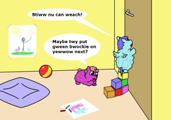 Size: 1419x1000 | Tagged: safe, artist:foxhoarder, fluffy pony, pegasus, unicorn, ball, blocks, crayon drawing, crayons, domestic fluffy pony, door, door handle, escape, fluffy logic, fluffy pony original art, hugbox, pet bed, reaching, reaching towards, saferoom, speech bubble, thinking, traditional art