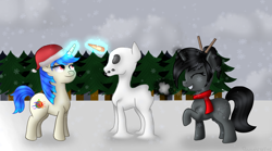 Size: 970x538 | Tagged: safe, artist:queenwildfire2k18, oc, oc:blissful trance, oc:ebony darkness, pony, unicorn, carrot, christmas, clothes, cute, female, filly, food, fun, hat, holiday, santa hat, scarf, snow, snow field, snow pony