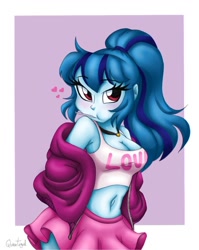 Size: 966x1213 | Tagged: safe, artist:queentigrel, sonata dusk, equestria girls, abstract background, adorasexy, belly button, breasts, candy, cleavage, clothes, cute, female, food, heart, hoodie, jewelry, lollipop, midriff, miniskirt, moe, mouth hold, necklace, ponytail, sexy, skirt, solo, sonata bust, sonatabetes, tanktop