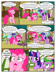 Size: 612x792 | Tagged: safe, artist:newbiespud, derpibooru import, edit, edited screencap, screencap, pinkie pie, spike, twilight sparkle, unicorn twilight, dragon, earth pony, pony, unicorn, comic:friendship is dragons, cheek squish, comic, d:, dialogue, eyes closed, female, grin, looking up, male, mare, open mouth, raised hoof, screencap comic, slit eyes, smiling, squishy cheeks