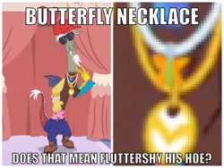 Size: 1440x1080 | Tagged: safe, edit, edited screencap, screencap, discord, butterfly, draconequus, discordant harmony, caption, image macro, implied fluttershy, jewelry, male, meme, necklace, question, sunglasses, swearing, text