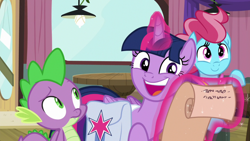 Size: 1920x1080 | Tagged: safe, screencap, cup cake, spike, twilight sparkle, twilight sparkle (alicorn), alicorn, dragon, a trivial pursuit, bag, saddle bag, scroll, winged spike