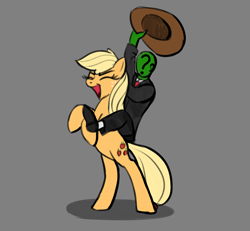 Size: 2378x2199 | Tagged: safe, derpibooru import, applejack, oc, oc:anon, earth pony, human, pony, /mlp/, applejack's hat, cowboy hat, drawthread, hat, rearing, riding, simple background