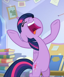 Size: 710x853 | Tagged: safe, screencap, twilight sparkle, twilight sparkle (alicorn), alicorn, the ending of the end, bipedal, book, cropped, floppy ears, hooves in air, open mouth, solo, uvula