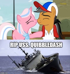 Size: 500x526 | Tagged: safe, edit, edited screencap, screencap, clear sky, quibble pants, earth pony, pony, unicorn, common ground, caption, discovery family logo, drama, duo, female, image macro, male, mare, meme, neckerchief, nose wrinkle, nuzzling, ship, ship sinking, shipping denied, shipping drama, shipping war in the comments, stallion, text