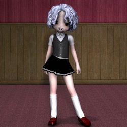 Size: 1500x1500 | Tagged: safe, artist:crisisdriver, cozy glow, human, 3d, clothes, humanized, looking at you, miniskirt, pleated skirt, school uniform, shoes, skirt, socks, solo, uncanny valley