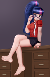 Size: 1300x2000 | Tagged: safe, alternate version, artist:focusb, sci-twi, twilight sparkle, human, equestria girls, barefoot, breasts, clothes, crossed legs, cute, desk, feet, female, glasses, headlight sparkle, human coloration, humanized, legs, looking at you, miniskirt, nail polish, necktie, ponytail, sexy, shirt, sitting, skirt, solo, thighs, twiabetes, watch, wristwatch