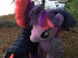 Size: 3264x2448 | Tagged: safe, artist:ejlightning007arts, tempest shadow, twilight sparkle, twilight sparkle (alicorn), alicorn, pony, armor, broken horn, build-a-bear, female, forest, horn, hug, lake, lesbian, photography, plushie, shipping, tempestlight, tree