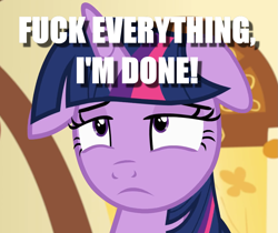 Size: 1255x1053 | Tagged: safe, edit, edited screencap, screencap, twilight sparkle, twilight sparkle (alicorn), alicorn, a flurry of emotions, bust, caption, cropped, floppy ears, frustrated, image macro, reaction image, sad, solo, text, vulgar