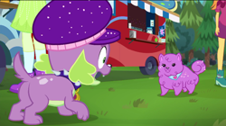 Size: 720x402 | Tagged: safe, screencap, aqua blossom, orange sunrise, princess thunder guts, spike, spike the regular dog, dog, equestria girls, equestria girls series, lost and pound, lost and pound: spike, spoiler:choose your own ending (season 2), spoiler:eqg series (season 2), background human, butt, dragonbutt, female, male, spike's dog collar, spike's festival hat, tail