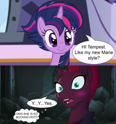 Size: 1920x2048 | Tagged: safe, artist:ejlightning007arts, edit, edited screencap, screencap, tempest shadow, twilight sparkle, twilight sparkle (alicorn), alicorn, castle sweet castle, my little pony: the movie, alternate hairstyle, blushing, broken horn, comic, cute, eye scar, female, horn, lesbian, oh no he's hot, punklight sparkle, scar, shipping, short comic, surprised, tempestlight, twiabetes