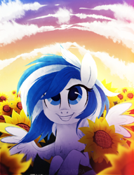 Size: 1300x1700 | Tagged: safe, artist:sonnatora, oc, oc only, oc:sunny flower, pegasus, pony, cloud, flower, full face view, looking up, outdoors, smiling, solo, sunflower