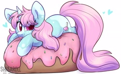 Size: 2949x1813 | Tagged: safe, artist:shiba_roll, oc, oc:scoops, pony, unicorn, donut, female, food, mare, signature, solo