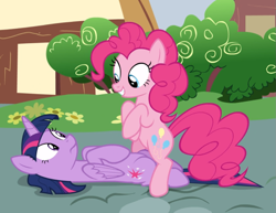 Size: 1077x830 | Tagged: safe, screencap, pinkie pie, twilight sparkle, twilight sparkle (alicorn), alicorn, earth pony, pony, fame and misfortune, bipedal, cropped, duo, female, looking at each other, lying down, mare, out of context, smiling