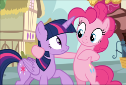 Size: 1390x940 | Tagged: safe, screencap, pinkie pie, twilight sparkle, twilight sparkle (alicorn), alicorn, earth pony, pony, fame and misfortune, bipedal, cropped, duo, female, hoof around neck, looking at each other, mare, raised hoof, smiling