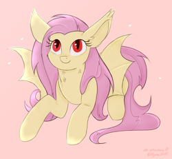 Size: 1920x1773 | Tagged: safe, artist:nyota71, fluttershy, bat pony, bat ponified, bat wings, cute, ear fluff, fangs, female, fluffy, flutterbat, mare, race swap, red eyes, simple background, solo, wings