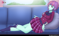 Size: 1661x1000 | Tagged: safe, artist:clouddg, sunny flare, equestria girls, friendship games, clothes, crystal prep academy uniform, legs, looking at you, lying down, miniskirt, open mouth, pillow, plaid skirt, pleated skirt, school uniform, skirt, socks, sofa, solo, sunny flare's wrist devices, thighs