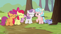 Size: 1280x720 | Tagged: safe, screencap, apple bloom, cozy glow, scootaloo, sweetie belle, earth pony, pegasus, pony, unicorn, marks for effort, bag, cutie mark crusaders, female, filly, saddle bag