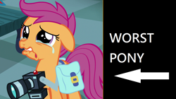 Size: 1280x718 | Tagged: safe, edit, screencap, scootaloo, pegasus, pony, parental glideance, abuse, camera, crying, female, filly, op is a cuck, op is trying to start shit, sad, scootabuse, solo, worst pony
