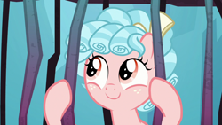 Size: 1280x720 | Tagged: safe, cozy glow, pegasus, pony, school raze, bow, cage, cozybetes, curly hair, cute, female, filly, foal, freckles, hair bow, looking up, prisoner cozy glow, tartarus, wanna be friends?