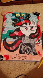 Size: 800x1440 | Tagged: artist needed, safe, oc, oc:blackjack, changeling, changeling queen, pony, unicorn, fallout equestria, fallout equestria: project horizons, female, frown, irl, mare, photo, raised hoof, text, traditional art