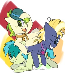 Size: 679x768 | Tagged: safe, artist:yoshiniyuriyaya, pistachio, sandbar, star tracker, earth pony, pony, cute, freckles, grin, hat, jewelry, male, necklace, one eye closed, pistachiaww, pony pile, sandabetes, simple background, smiling, teenager, trackerbetes, trio