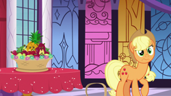 Size: 1920x1080 | Tagged: safe, derpibooru import, screencap, applejack, alicorn, earth pony, pony, between dark and dawn, apple, banana, basket, faic, food, orange, pineapple, solo