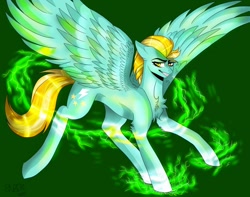 Size: 1250x987 | Tagged: safe, artist:spiritwolfea, lightning dust, pegasus, pony, chest fluff, female, flying, green background, grin, mare, raised hoof, raised leg, simple background, smiling, smug