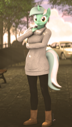 Size: 1080x1920 | Tagged: safe, artist:spinostud, lyra heartstrings, anthro, plantigrade anthro, unicorn, 3d, boots, car, clothes, looking at you, park, shoes, source filmmaker, sweater