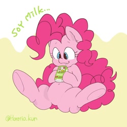 Size: 1000x1000 | Tagged: safe, artist:horatio_kun, derpibooru import, pinkie pie, earth pony, pony, cute, diapinkes, drink, drinking, ear fluff, female, mare, milk, sitting, solo, soy milk, straw, underhoof