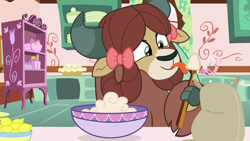 Size: 1280x720 | Tagged: safe, screencap, yona, yak, she's all yak, batter, bow, bowl, cloven hooves, cute, eating, female, food, hair bow, lemon, licking, monkey swings, pie, solo, spoon, tongue out, yonadorable