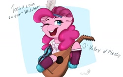Size: 1280x801 | Tagged: safe, artist:tavifly, pinkie pie, earth pony, pony, abstract background, bard pie, bust, cheek fluff, clothes, cute, dialogue, diapinkes, ear fluff, feather, female, lute, mare, one eye closed, open mouth, singing, solo, the witcher, wink