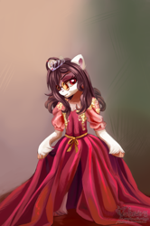 Size: 718x1080 | Tagged: safe, artist:teaflower300, oc, oc only, semi-anthro, abstract background, clothes, dress, ear fluff, female, glasses, hair over one eye, jewelry, looking at you, mare, solo, tiara, ych result