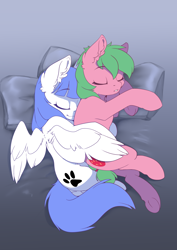 Size: 2480x3508 | Tagged: safe, artist:arctic-fox, oc, oc:pine berry, oc:snow pup, earth pony, pegasus, pony, bed, cuddling, cute, female, mare, pillow, sleeping, spooning, spread wings, wing blanket, wings