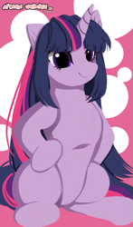 Size: 649x1104 | Tagged: safe, artist:nijidashiey7, twilight sparkle, pony, abstract background, cute, female, hooves on hips, long mane, mare, sitting, smiling, solo, twiabetes