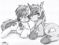 Size: 720x549 | Tagged: safe, artist:petanoprime, oc, oc:lumo, earth pony, pony, unicorn, blush sticker, blushing, braid, ear fluff, female, grayscale, hoof shoes, lesbian, mare, monochrome, nuzzling, oc x oc, one eye closed, prone, shipping, signature, traditional art, wink