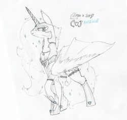 Size: 4120x3882 | Tagged: safe, artist:foxtrot3, oc, oc only, oc:cj, oc:lovestruck, alternate design, alternate timeline, armor, chains, clothes, fusion, heart, hybrid wings, jewelry, necklace, pegasus unicorn, perfume mane, shoes, solo, traditional art, wings