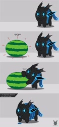 Size: 1846x3932 | Tagged: safe, artist:wheatley r.h., derpibooru exclusive, oc, oc:w. rhinestone eyes, changeling, bat wings, blue changeling, buggo, changeling loves watermelon, changeling oc, chibi, comic, cute, cutie, eating, food, horn, looking at you, simple background, solo, sphere ponies, tongue out, watermark, watermelon, wings