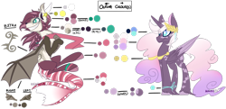 Size: 3514x1706 | Tagged: safe, artist:mcwolfity, oc, oc only, alicorn, draconequus, hybrid, pony, alicorn oc, draconequus oc, duo, eye clipping through hair, female, grin, hoof fluff, interspecies offspring, laurel wreath, magical lesbian spawn, male, mare, offspring, parent:applejack, parent:discord, parent:princess cadance, parent:princess luna, parents:applecord, parents:lundance, reference sheet, simple background, smiling, text, transparent background