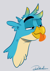 Size: 772x1091 | Tagged: safe, artist:rutkotka, gallus, griffon, blue, bust, funny, gray background, male, simple background, smug, solo, tongue out