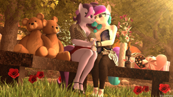 Size: 3840x2160 | Tagged: safe, artist:vision, oc, oc only, oc:aurora starling, oc:raven storm, anthro, earth pony, 3d, chocolate, clothes, cute, daaaaaaaaaaaw, flower, food, forest, forest background, glasses, grass, oc x oc, rose, shipping, source filmmaker, stone, teddy bear, toy, tree, vine