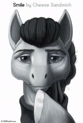 Size: 1024x1521 | Tagged: safe, artist:wwredgrave, cheese sandwich, earth pony, pony, the last laugh, apple (company), bust, grayscale, looking at you, male, monochrome, parody, portrait, simple background, solo, stallion, steve jobs, white background