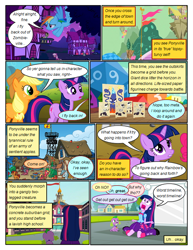 Size: 612x792 | Tagged: safe, artist:newbiespud, edit, edited screencap, idw, screencap, applejack, big macintosh, cheerilee, doctor whooves, pinkie pie, rarity, spike, squizard, twilight sparkle, unicorn twilight, dog, earth pony, pegasus, pony, skeleton pony, unicorn, comic:friendship is dragons, dungeons and discords, equestria girls, equestria girls (movie), the return of harmony, background pony, bone, comic, cookie zombie, dialogue, exploitable meme, female, flying, freckles, hat, implied discord, implied fluttershy, looking up, male, mare, meme, mouth hold, night, open mouth, screencap comic, skeleton, spike the dog, stallion, sword, twiscream, wagon, weapon, worried, yoke