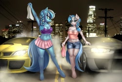Size: 2000x1343 | Tagged: safe, artist:lightly-san, oc, oc only, oc:coldsnap, oc:frostbite, anthro, unguligrade anthro, unicorn, anthro oc, armpits, belly button, braid, car, city, clothes, denim shorts, female, los angeles, mare, midriff, mitsubishi lancer evolution x, need for speed, need for speed underground 2, ponytail, siblings, sisters, skirt, subaru impreza, tanktop, telephone pole, tube top, twin sisters, twins